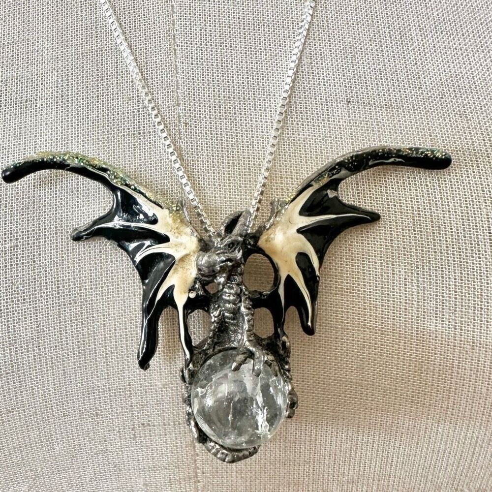 Unisex Mystical  dragon with crystal ball pendant necklace